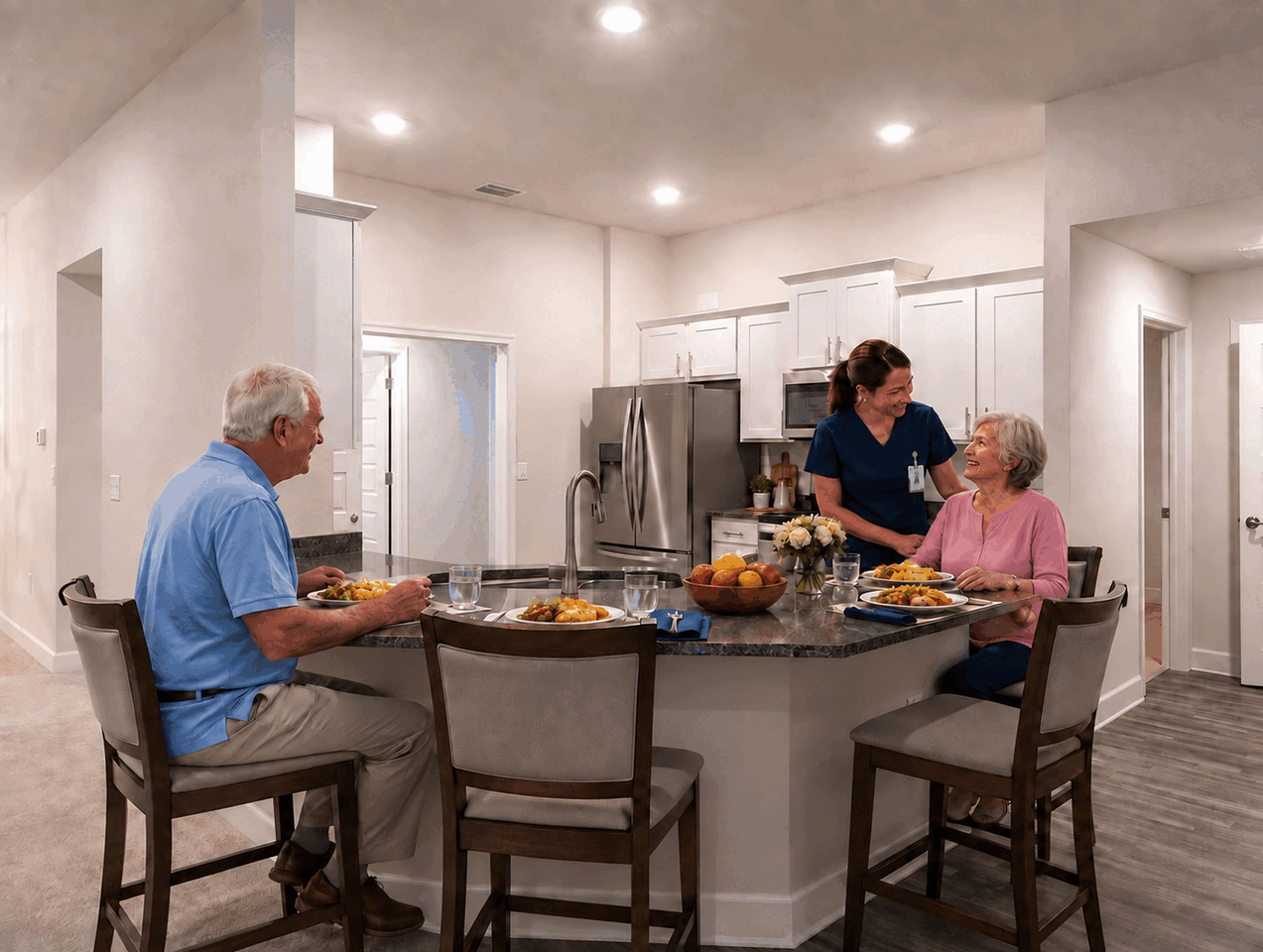Residents and a caregiver enjoying a colorful meal around the kitchen island